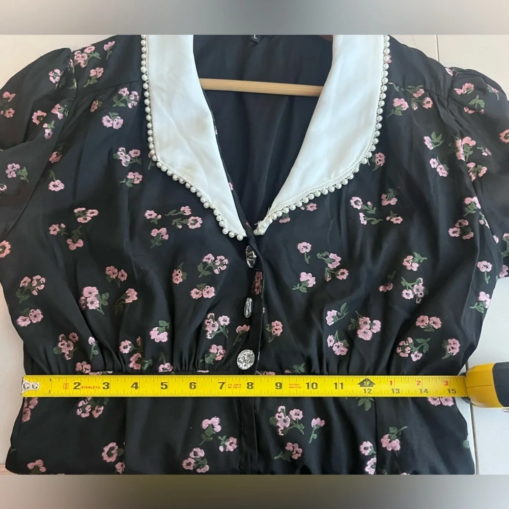 Sister Jane Puff Sleeve Collard Ink Dark Floral Sz L Goth Whimsigoth Dress - Picture 11 of 16